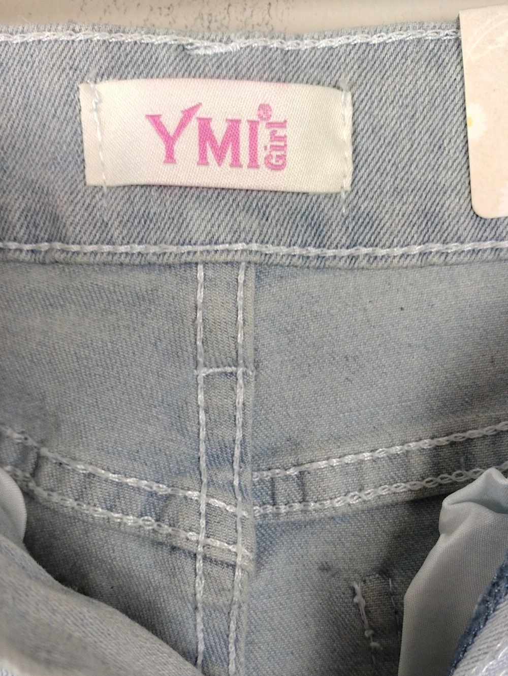 YMI Girl Gigi Flare Blue Light Potassium Wash High Rise Lace Raw Hem Denim Jean